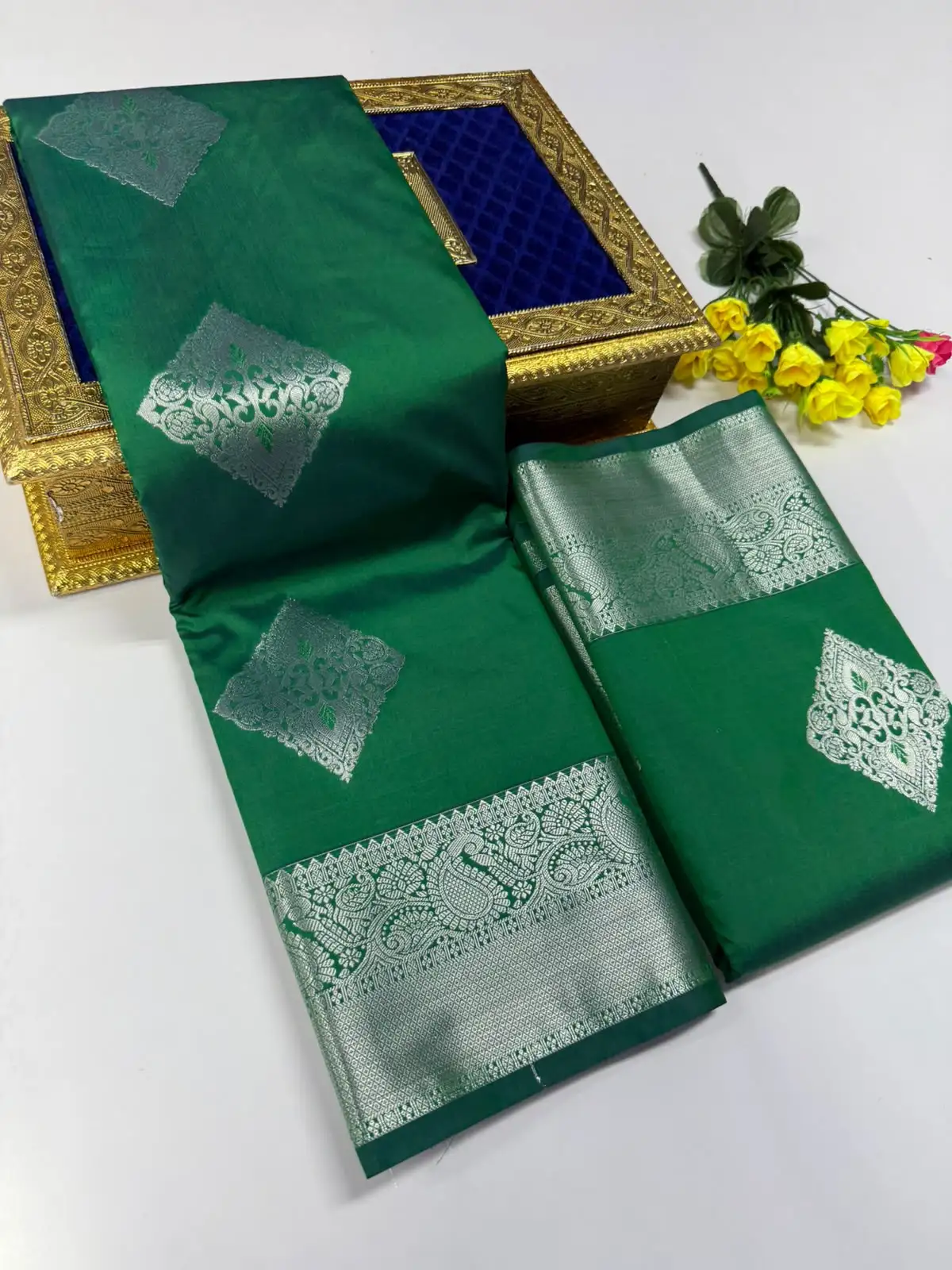 Ornate Floral Diamond Butta Peacock Brocade Border Semi Kanchipuram Silk Saree